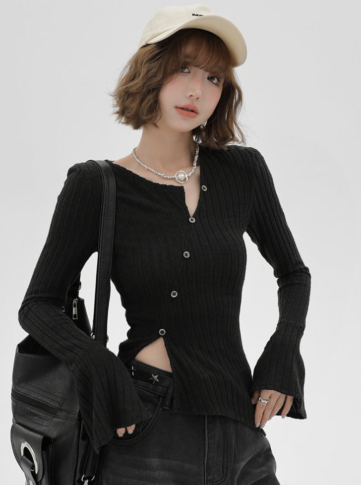 Vボタンウエストスリムシャツボトルネック斜め