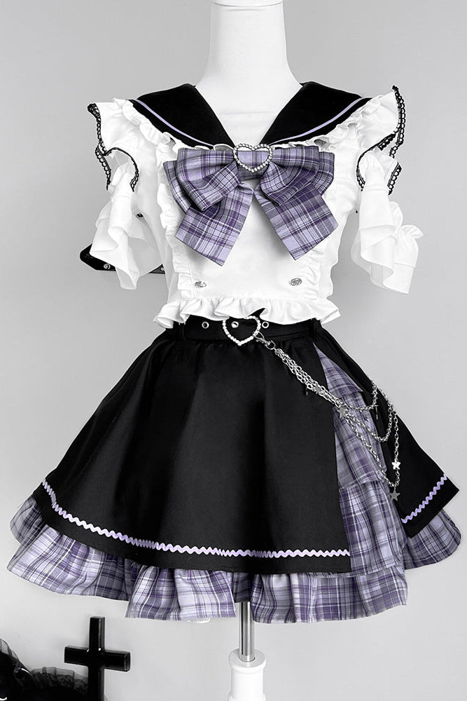 Set Sailor Flared Check Top + Skirt Mine