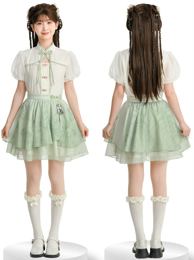 China Shirt-Skirt Sleeve Dress Panda Kung Puff Fu Mint + Chiffon Set