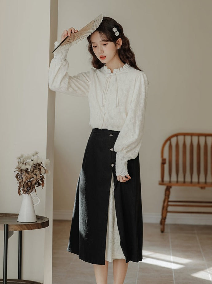 Lace China French Skirt Shirt Slit Retro