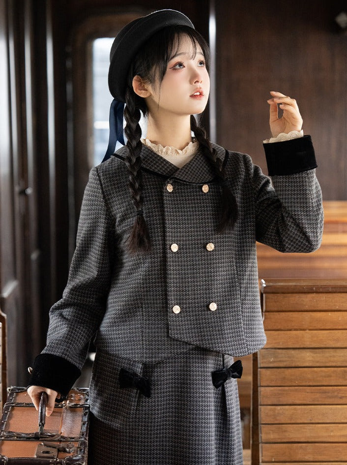 Skirt Check Flared Retro Ribbon Dark Double + Top