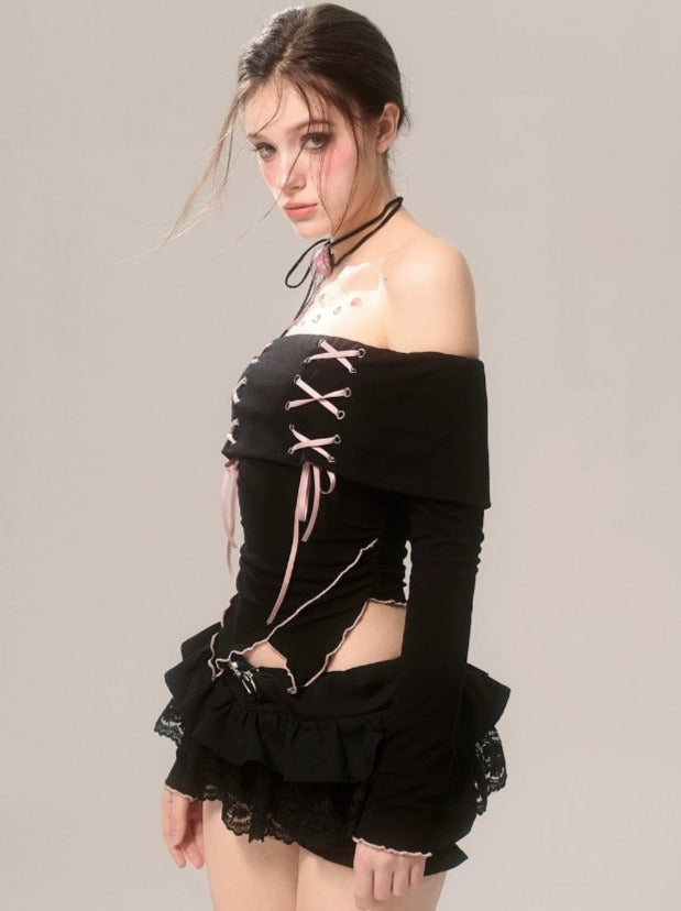 Strap Top Ribbon Off-the-shoulder Ruffle High-end