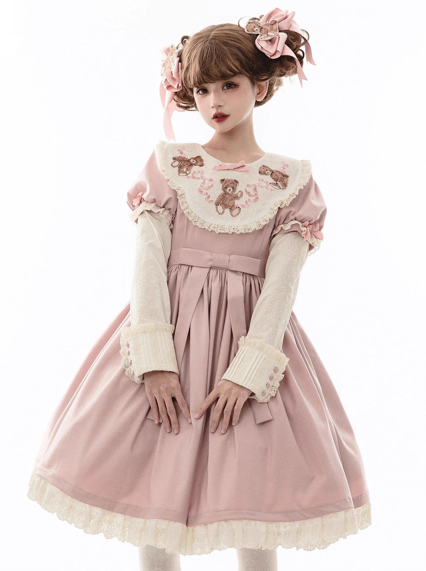 ロリータテディベアフラップレースパフスリーブリボンデレス