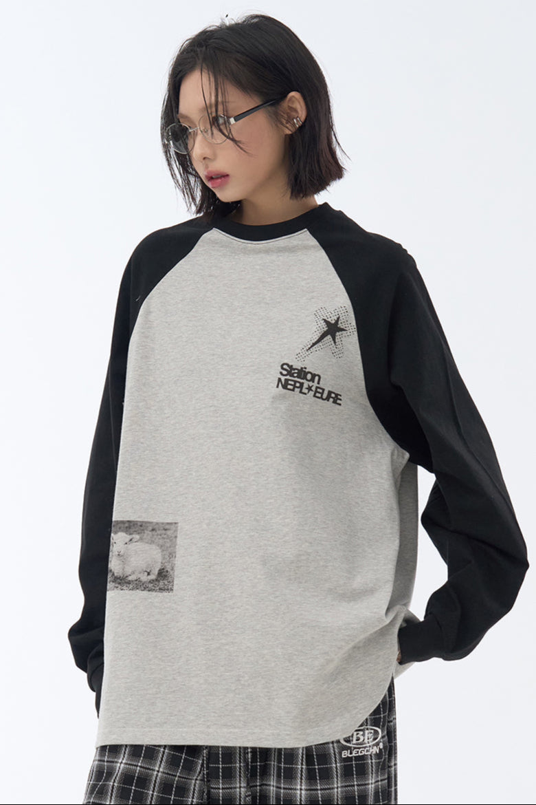 Fit Collision Long Sleeve Loose T-Shirt Print