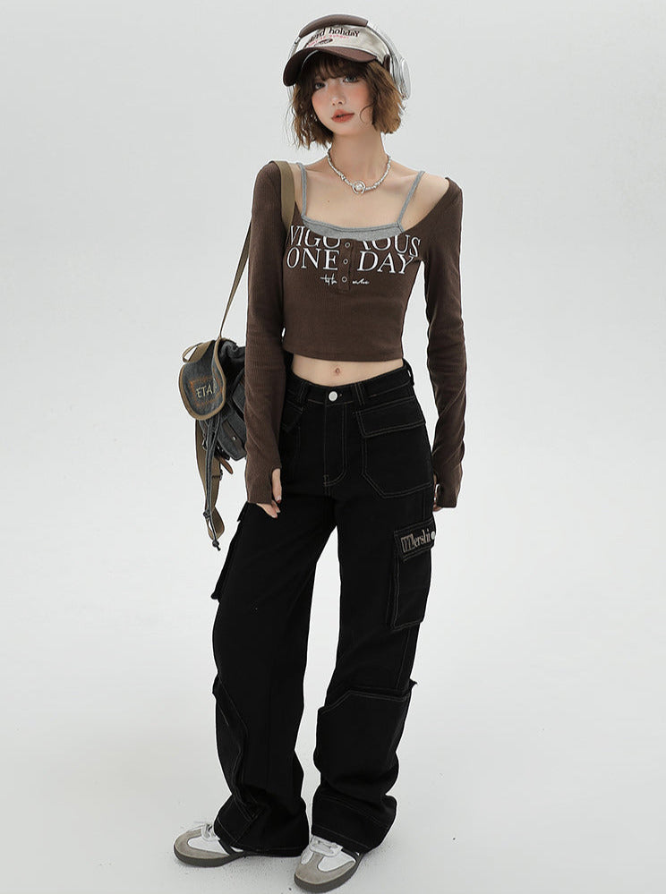 Two Short Faux Square Slim Piece Top Neck
