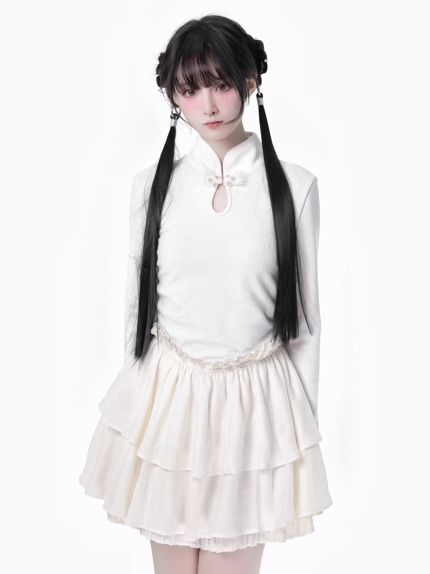 チャイナホイト ブラックニット スプリングウエスト フリル トゥルドレス