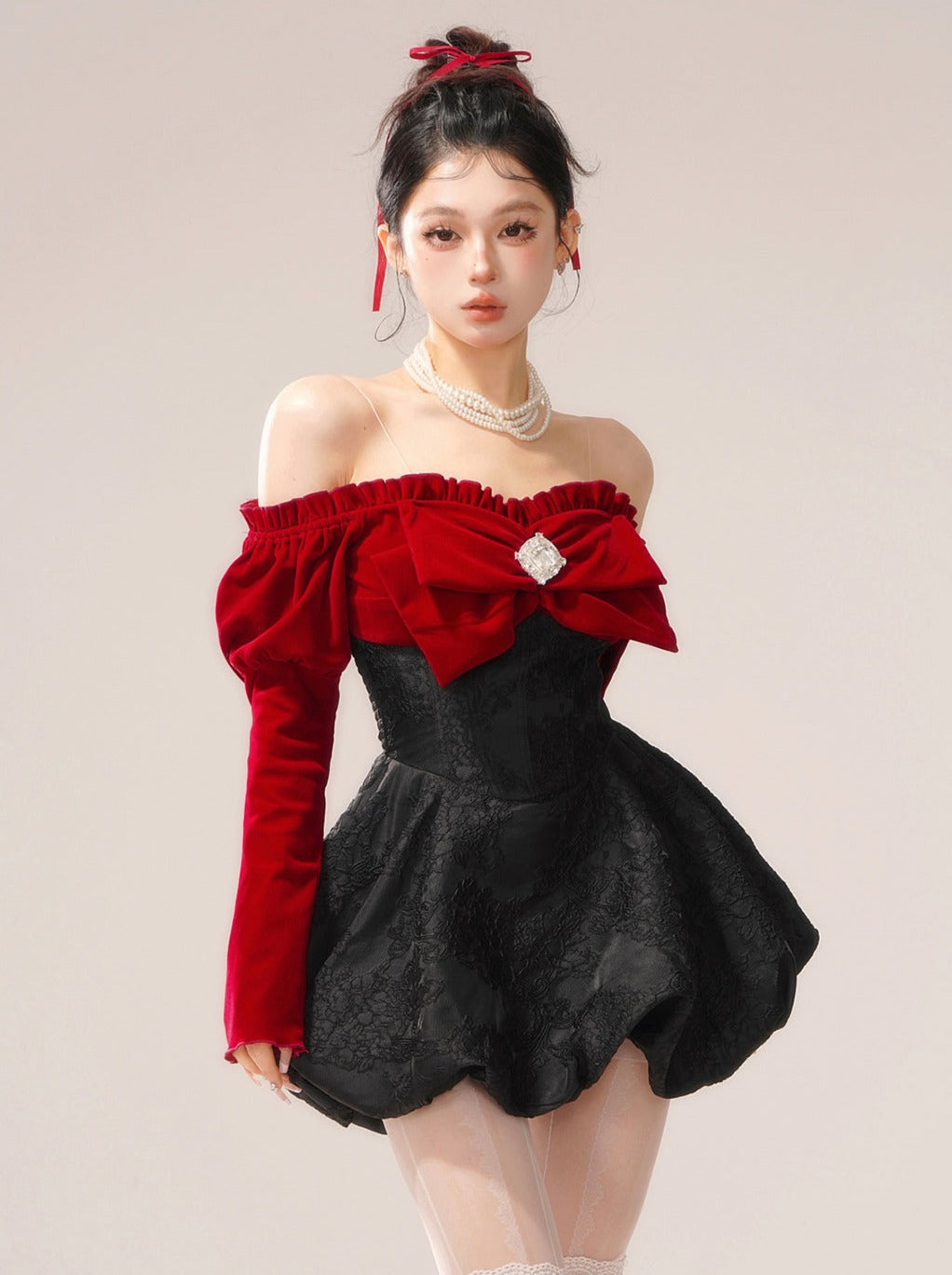 Center Jewel Big Bow Off-the-shoulder Dress