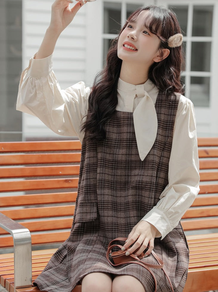 Checked Skirt Ribbon Shirt + Suspender