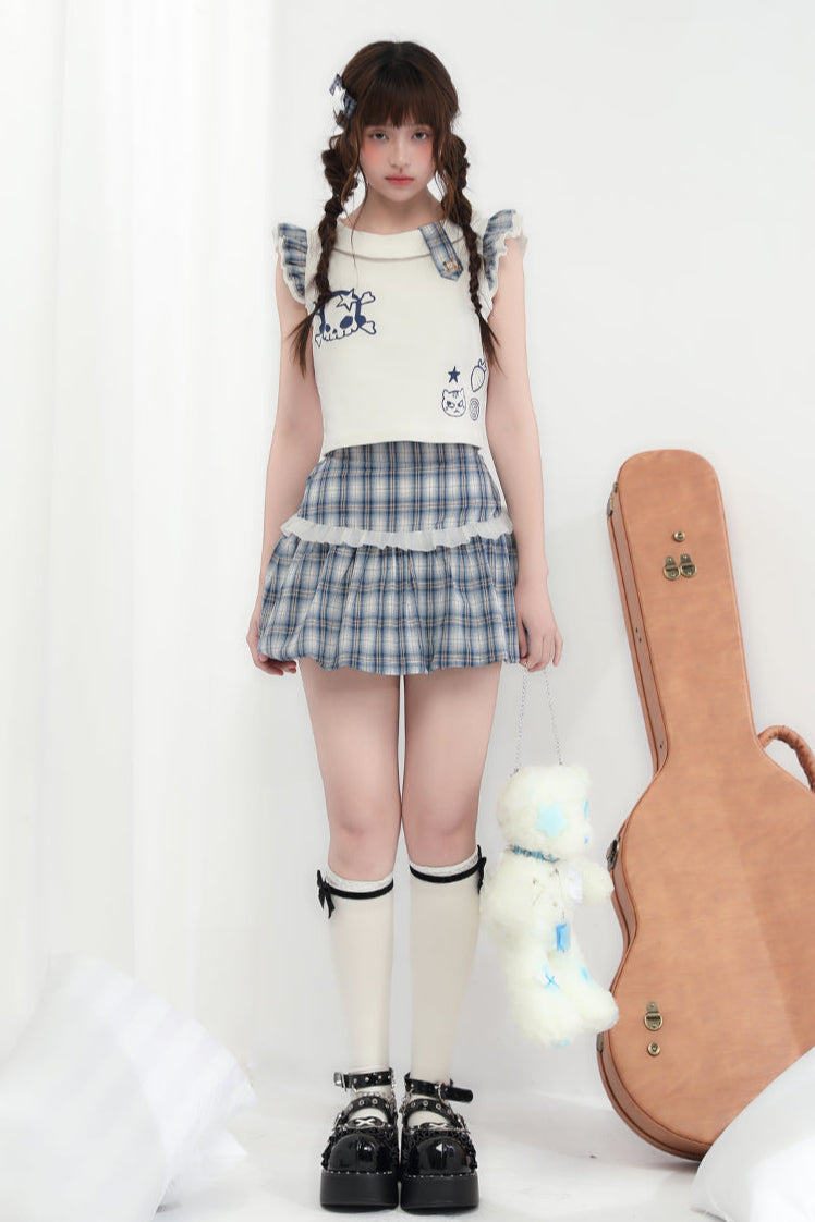 Miniskirt + Skull Checked Cat Top Sleeveless