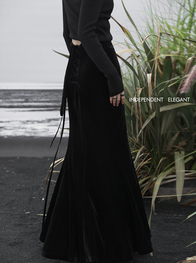 High Mermaid Velvet Black Waist Skirt Retro Back Long Up Lace