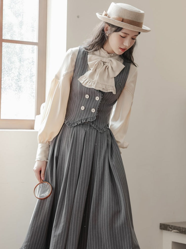 Rüschen + Bluse gestreifter Kragen + Rock ausgestellt Retro Weste dunkel