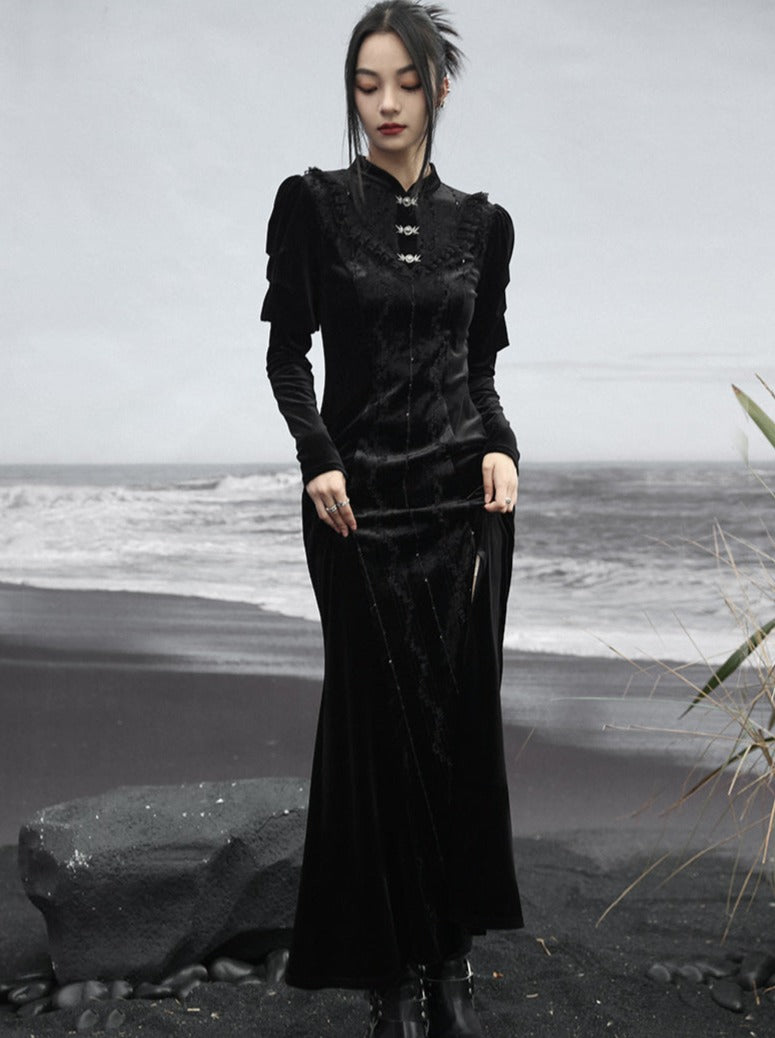 Skirt Retro Slit Long Dark Lace Splicing