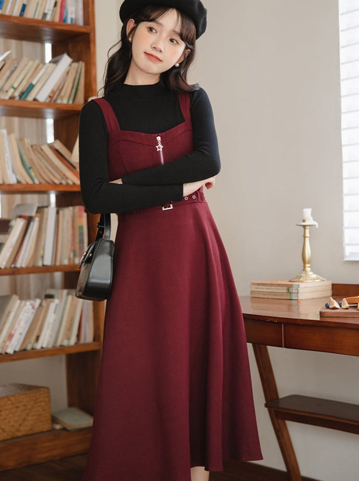 Slim Knit Retro Half + Suspender Turtleneck Skirt