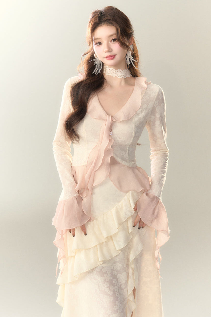 Top Sweet + Long Skirt Sheer Frilled