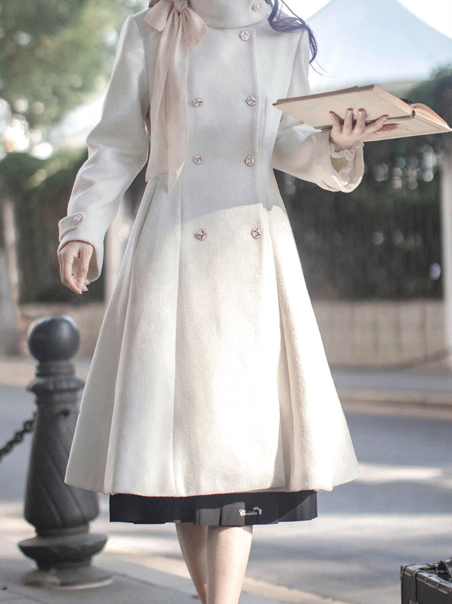 Manteau rétro élégant à double ruban et col boutonné en laine