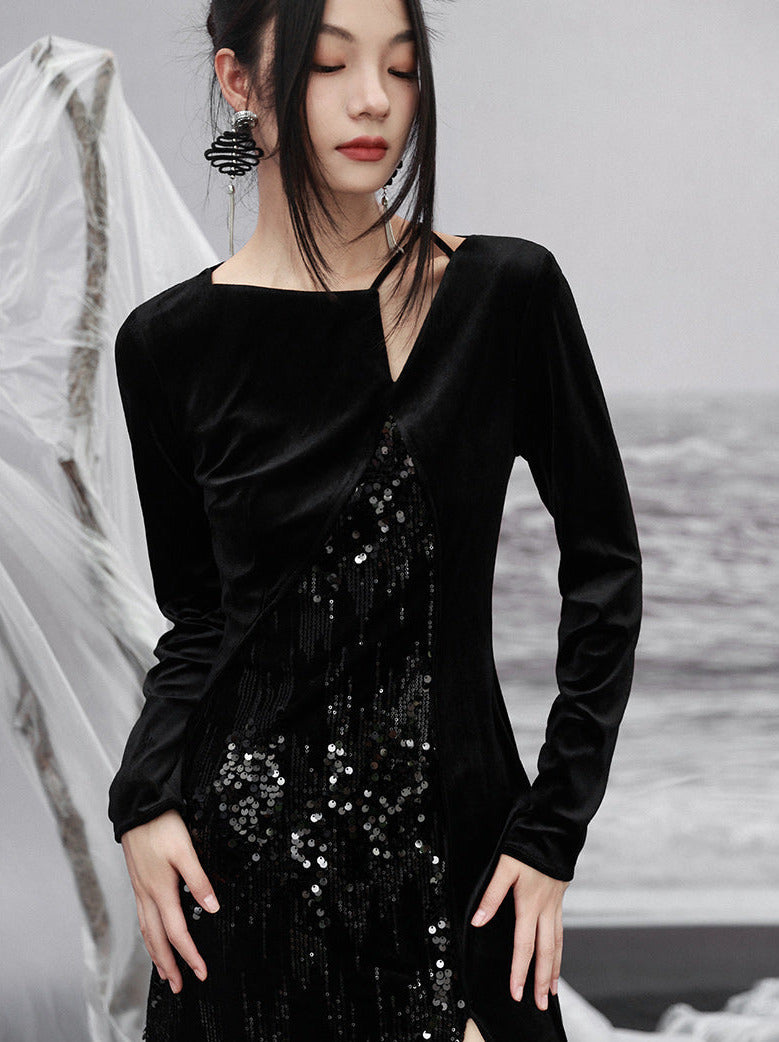 Dress Niche Slit Glitter Design Velvet