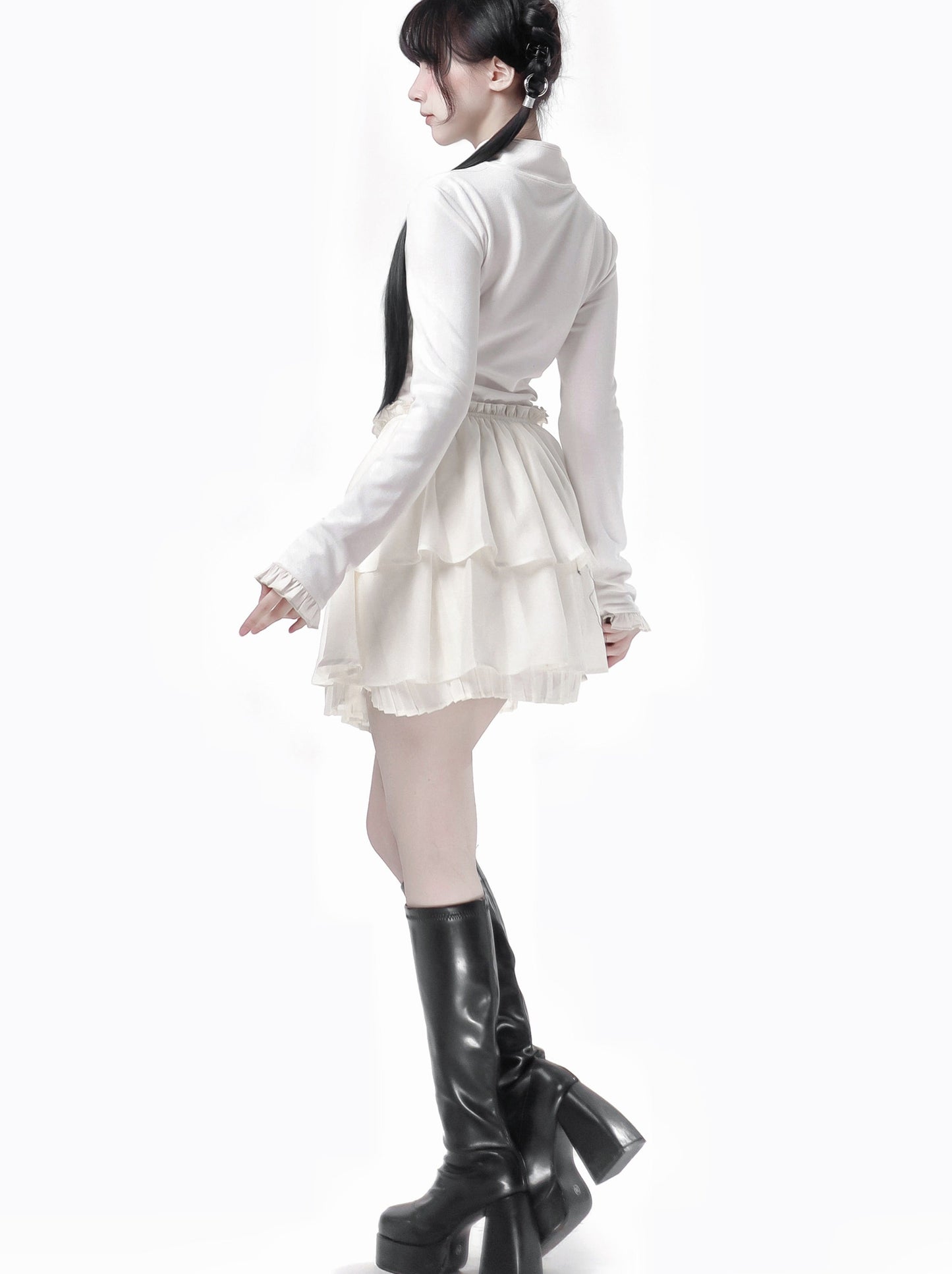 チャイナホイト ブラックニット スプリングウエスト フリル トゥルドレス