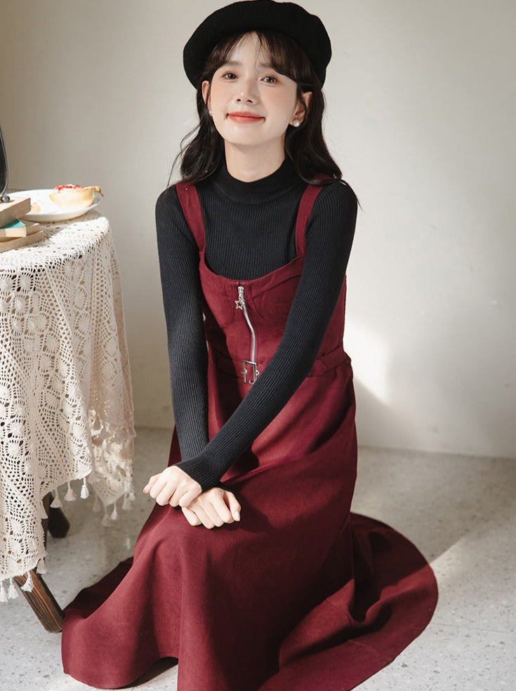 Slim Knit Retro Half + Suspender Turtleneck Skirt