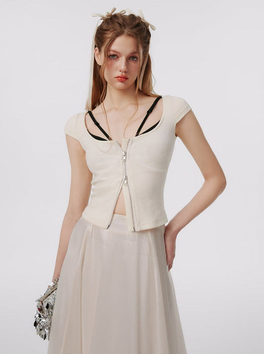 ツーピース フェイクコントラスト スリムステッチトップ