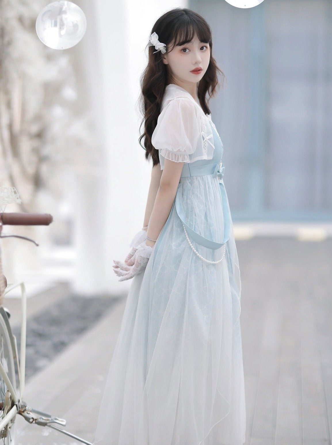 Blue Shawl Sheer Summer Summer Dress + Lolita Chinese