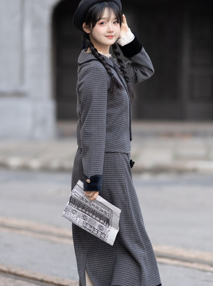 Skirt Check Flared Retro Ribbon Dark Double + Top