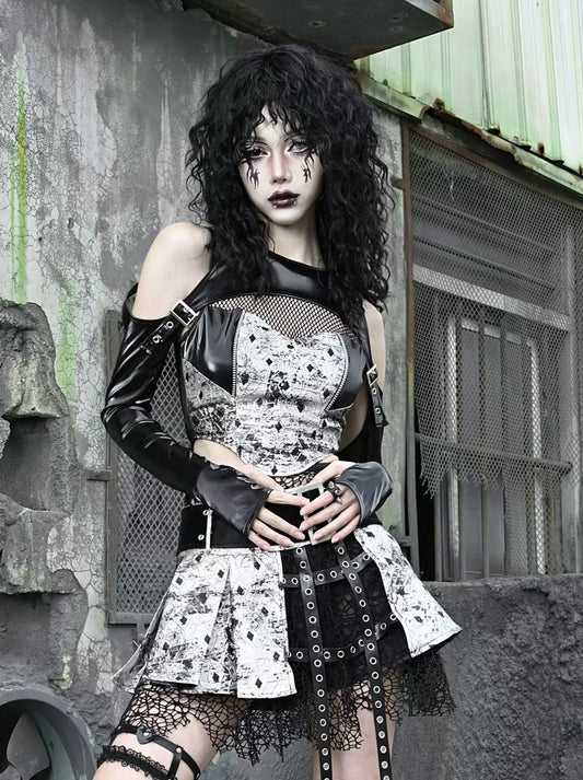 ツートップメッシュピースパンクPUリキッドスーツダークスリム