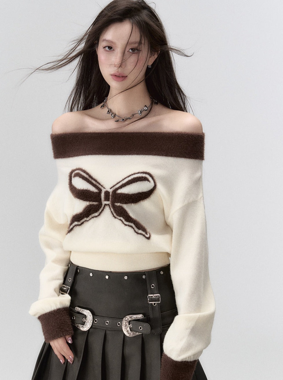 One-shoulder Ribbon Knit Sweater