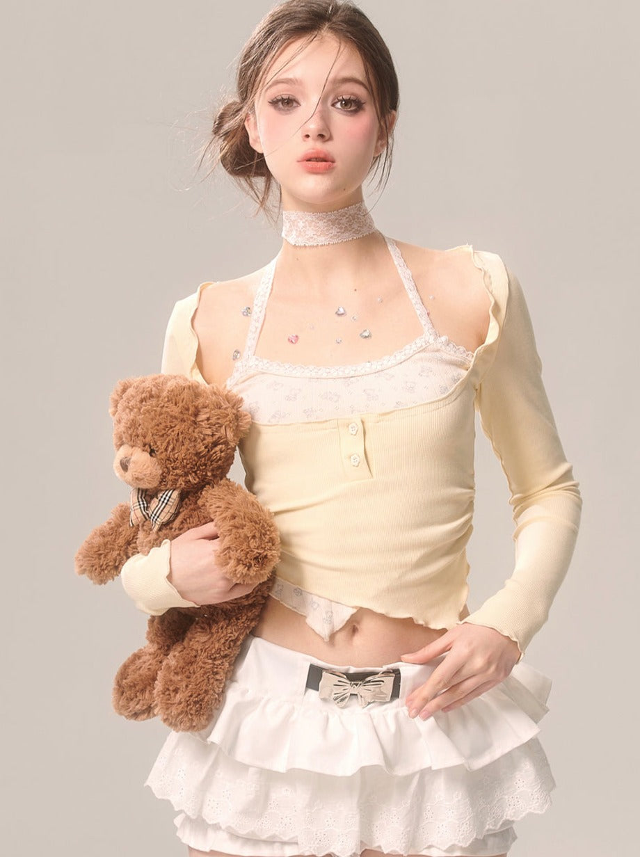 Milky Faux Piece Cream Eye Halter Two Top Neck Yellow