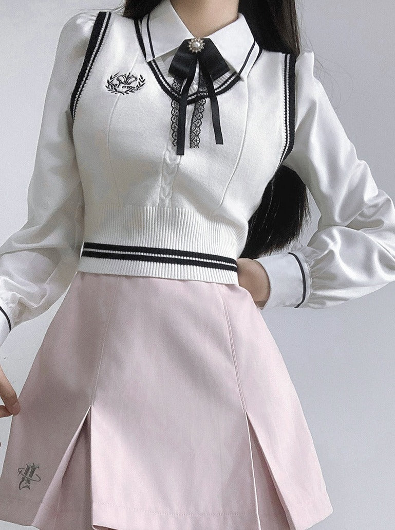 Veste Collège Gilet + Jupe Chemise Box + Slim Plissé Fille Doux Style Ruban