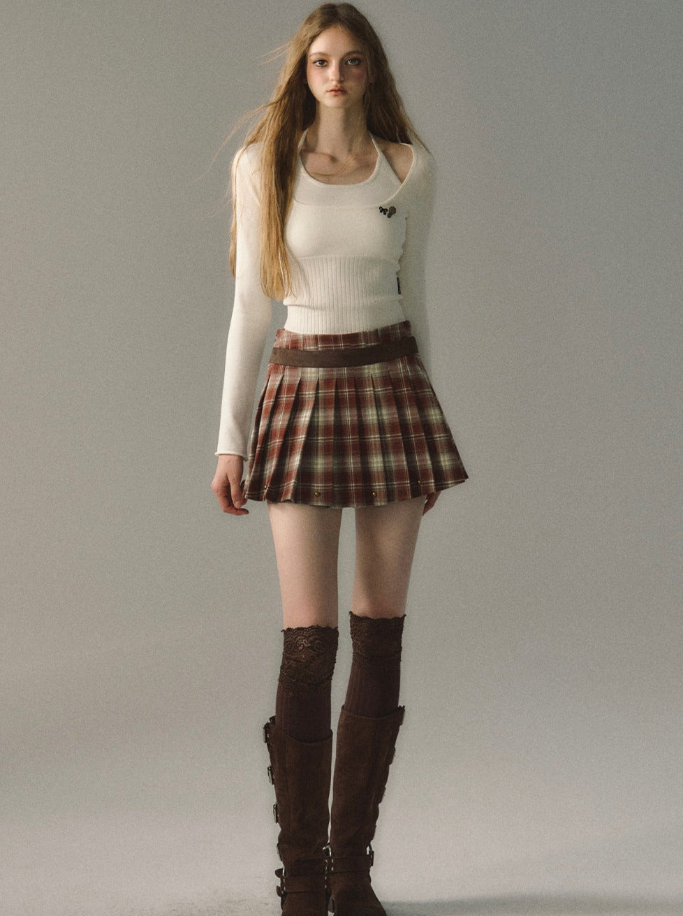 Dark Check Mode College Pleated Skirt