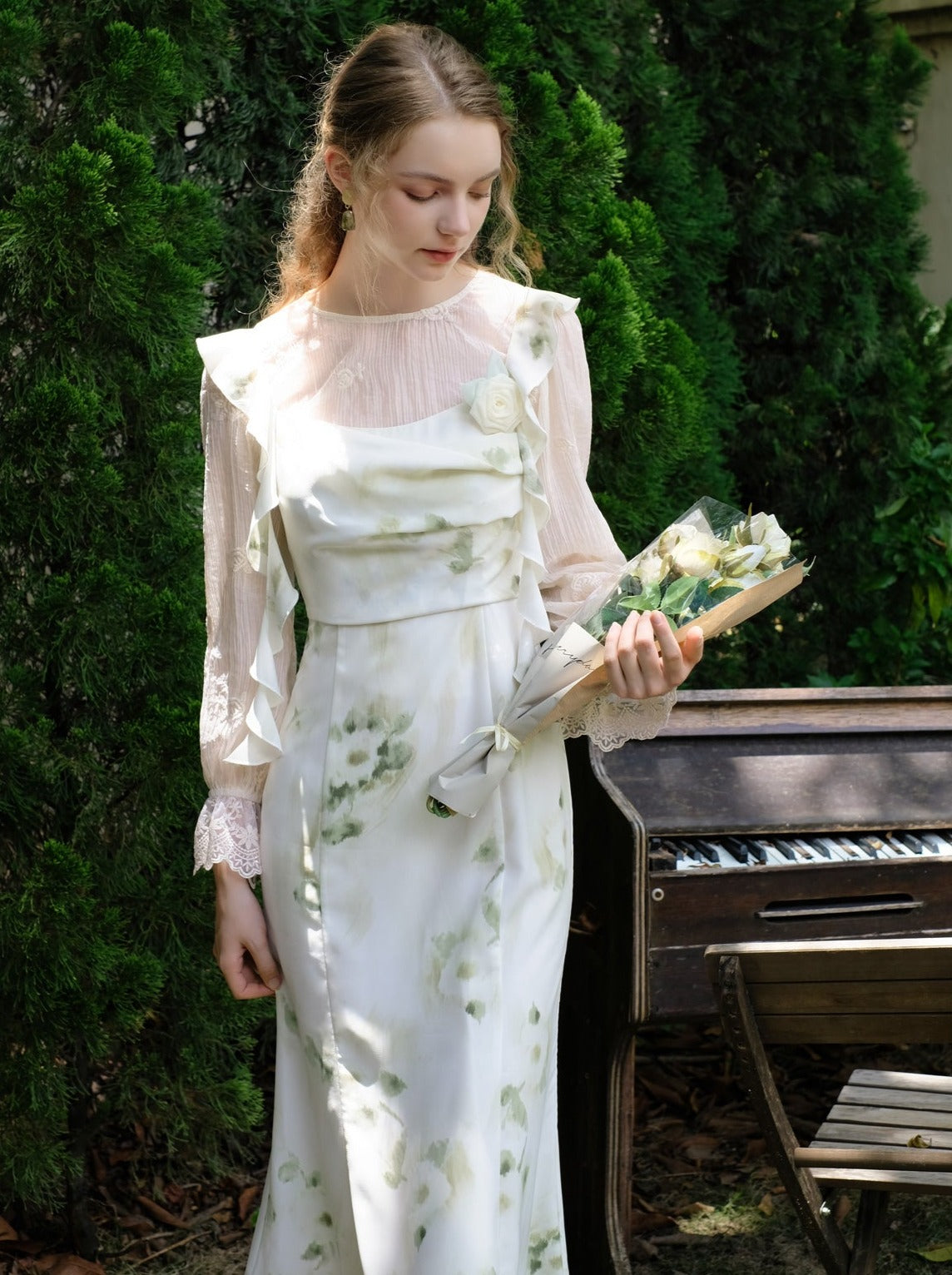 Skirt Top Green Camisole Flower Sheer + Chiffon