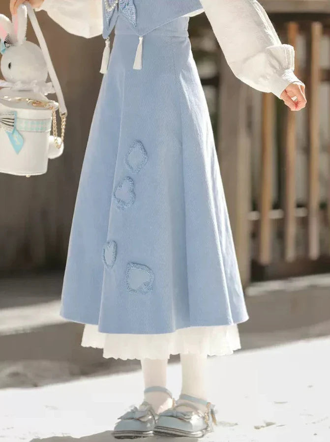 Gilet bleu forêt jupe papillon à volants chemise bleu Chine
