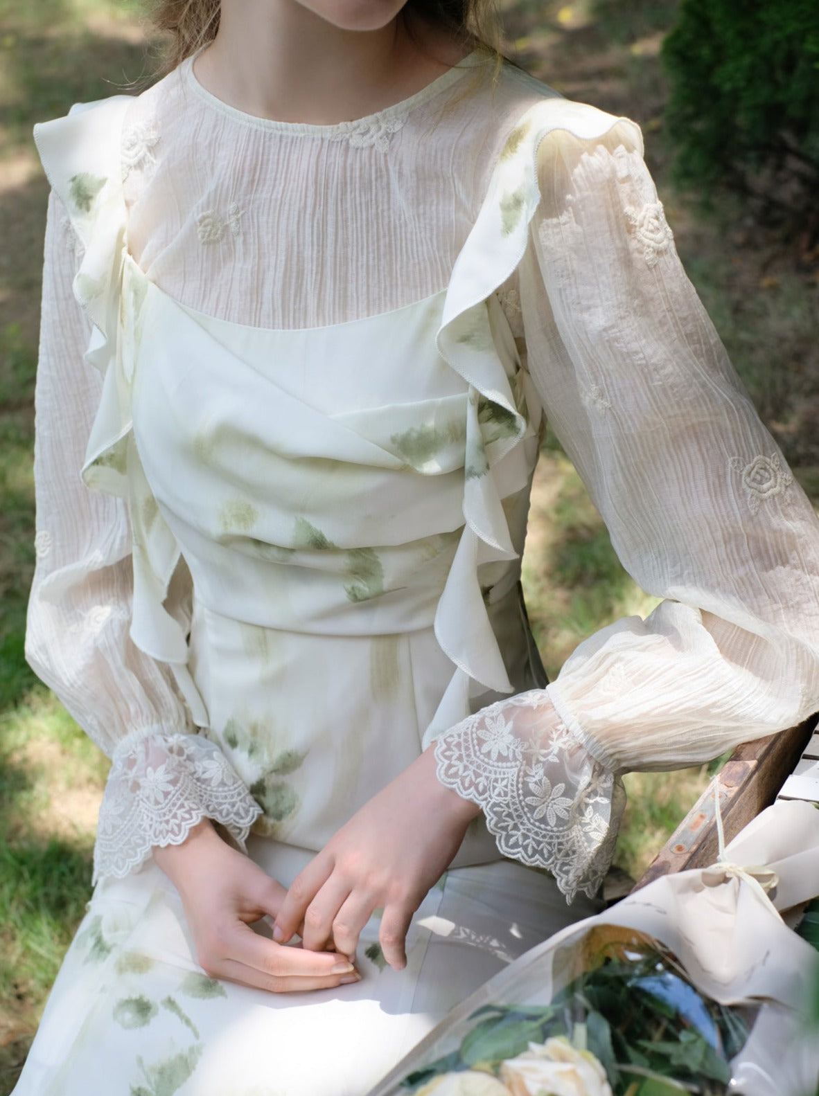 Skirt Top Green Camisole Flower Sheer + Chiffon
