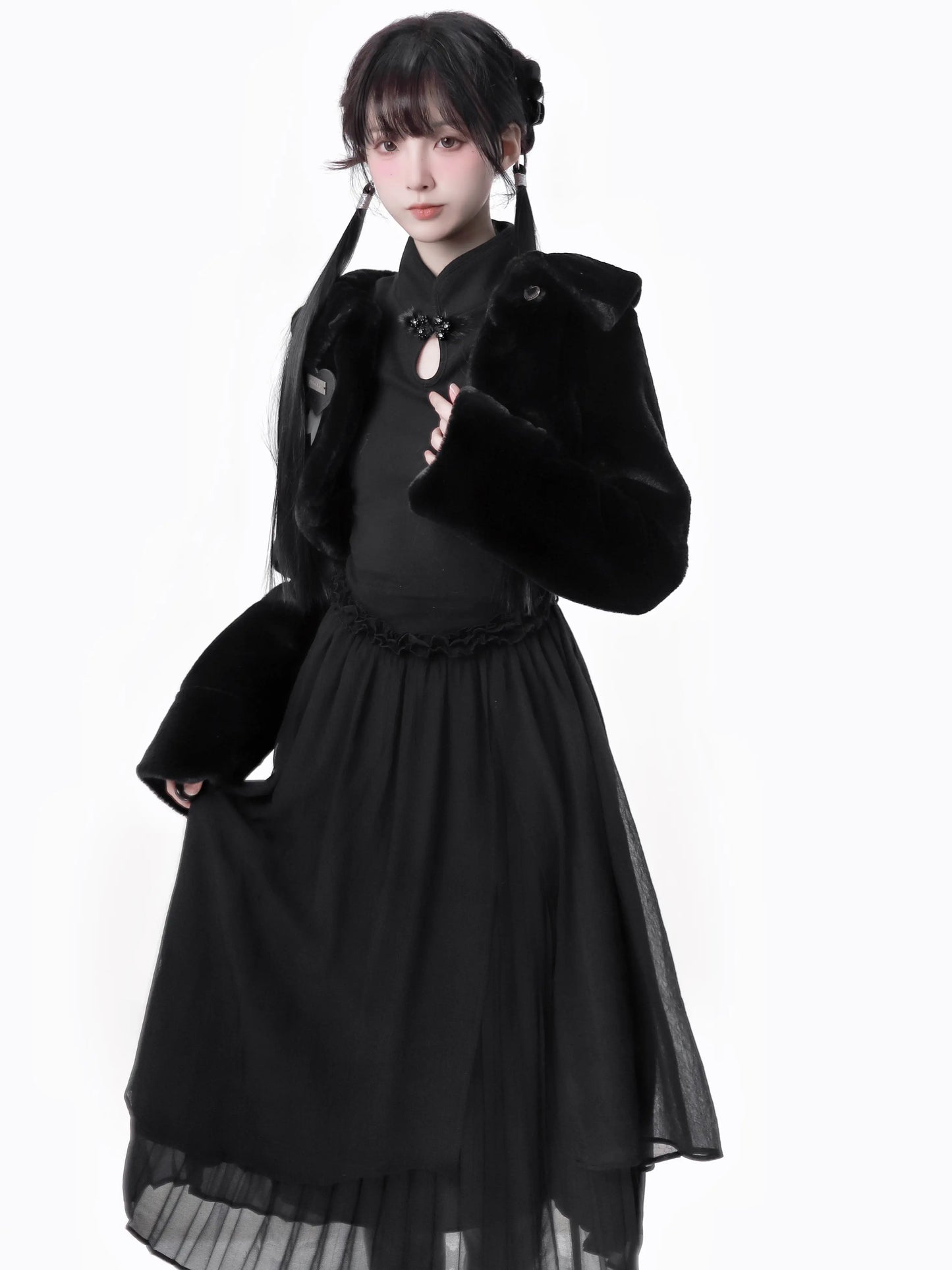 チャイナホイト ブラックニット スプリングウエスト フリル トゥルドレス