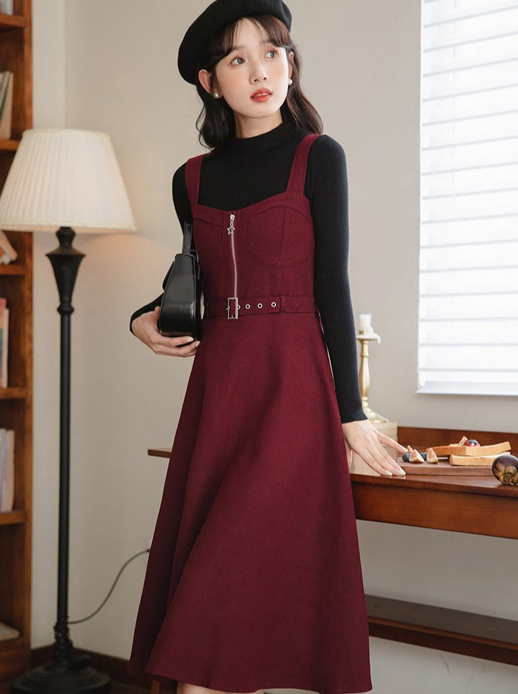 Slim Knit Retro Half + Suspender Turtleneck Skirt