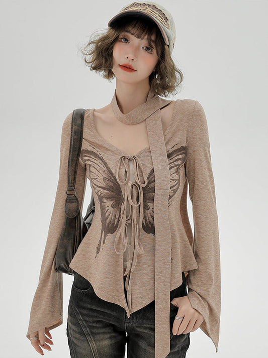 Print Top Butterfly American Slim Retro Irregular