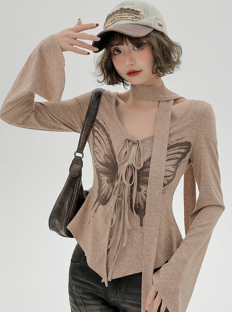 Print Top Butterfly American Slim Retro Irregular