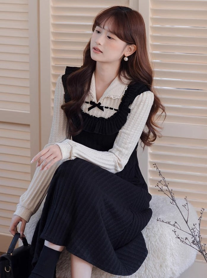 Dress French Piece Girly Faux Two Retro