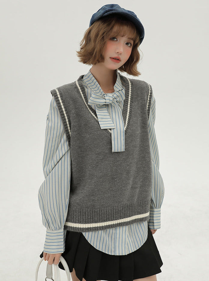 Gilet style coréen + chemise rayée à col en V