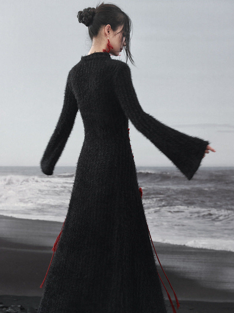 Contrast Dress Rose Irregular Red Knit Sleeve Dark Black Bell