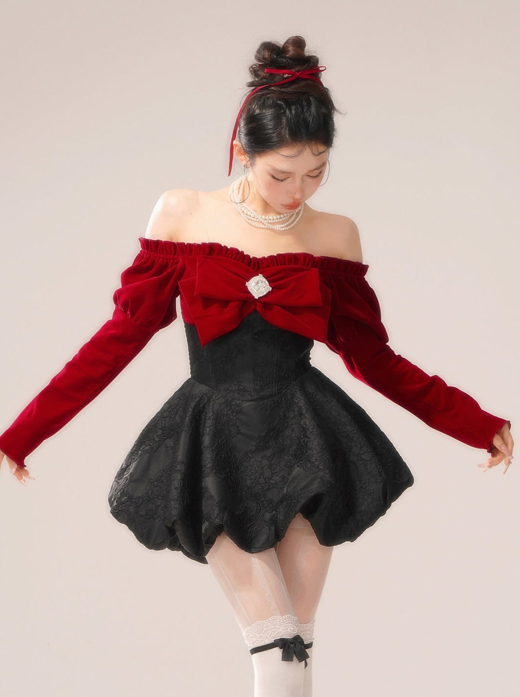 Center Jewel Big Bow Off-the-shoulder Dress