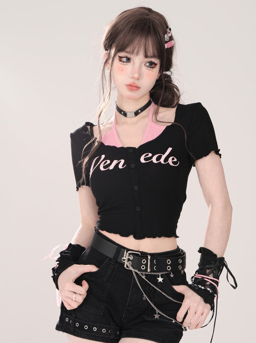 Faux Short Neckholder U-Ausschnitt T-Shirt und Zweiteiler