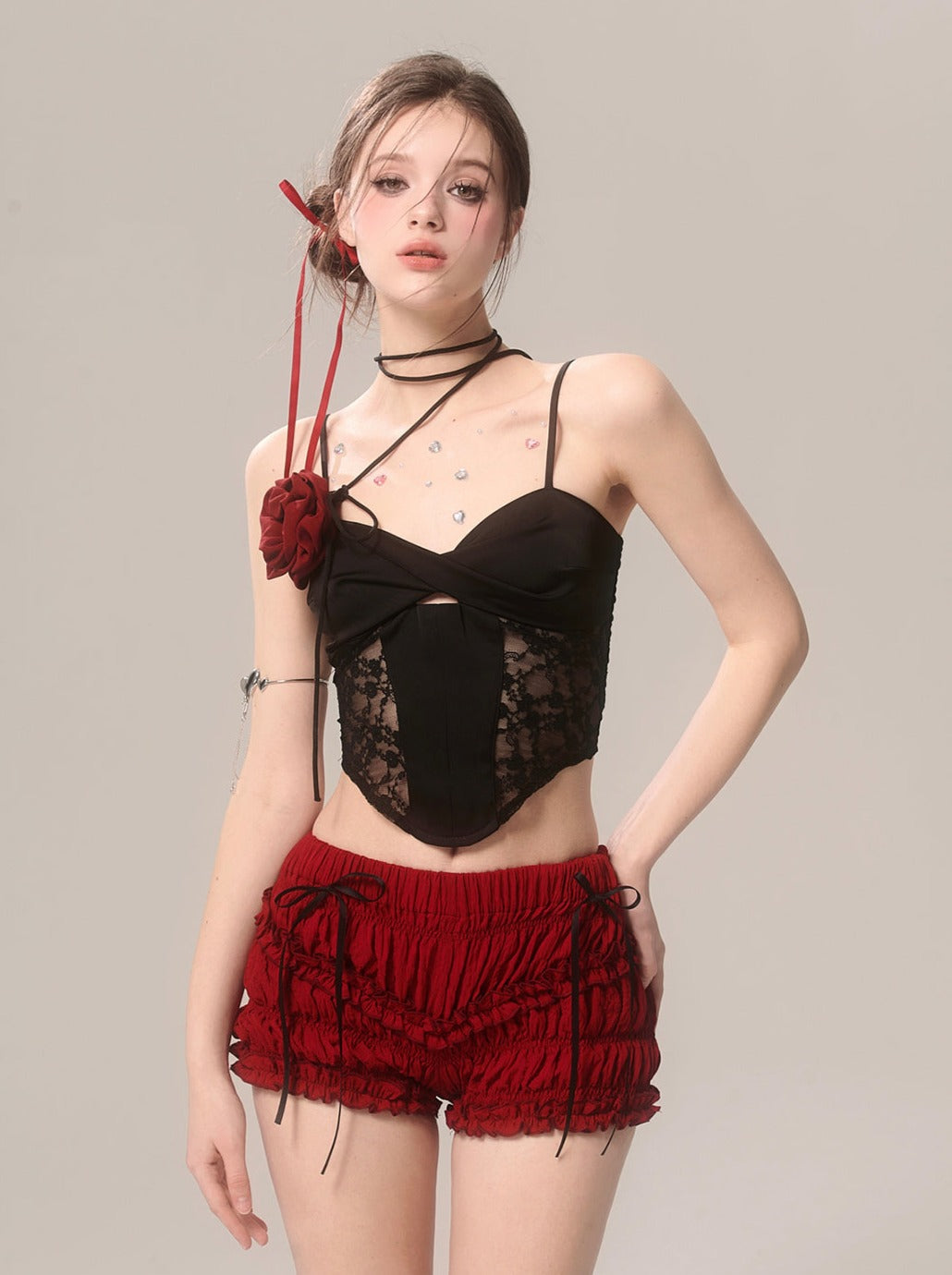 Ruffle Cherry Shorts Red