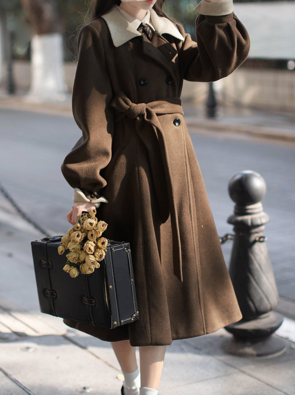 Manteau sans manches, ceinture, ruban, classique, superposé, accessoire, robe, marron, carreaux, rétro, perle, volume