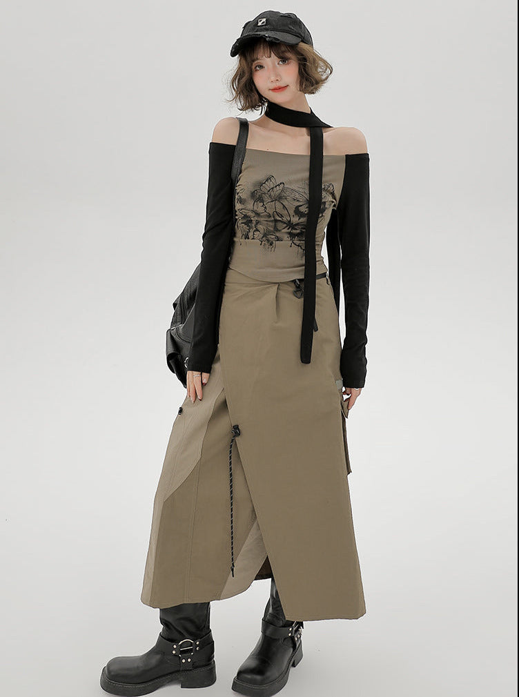 Top Slim One-line Scarf Off-the-shoulder Print Butterfly