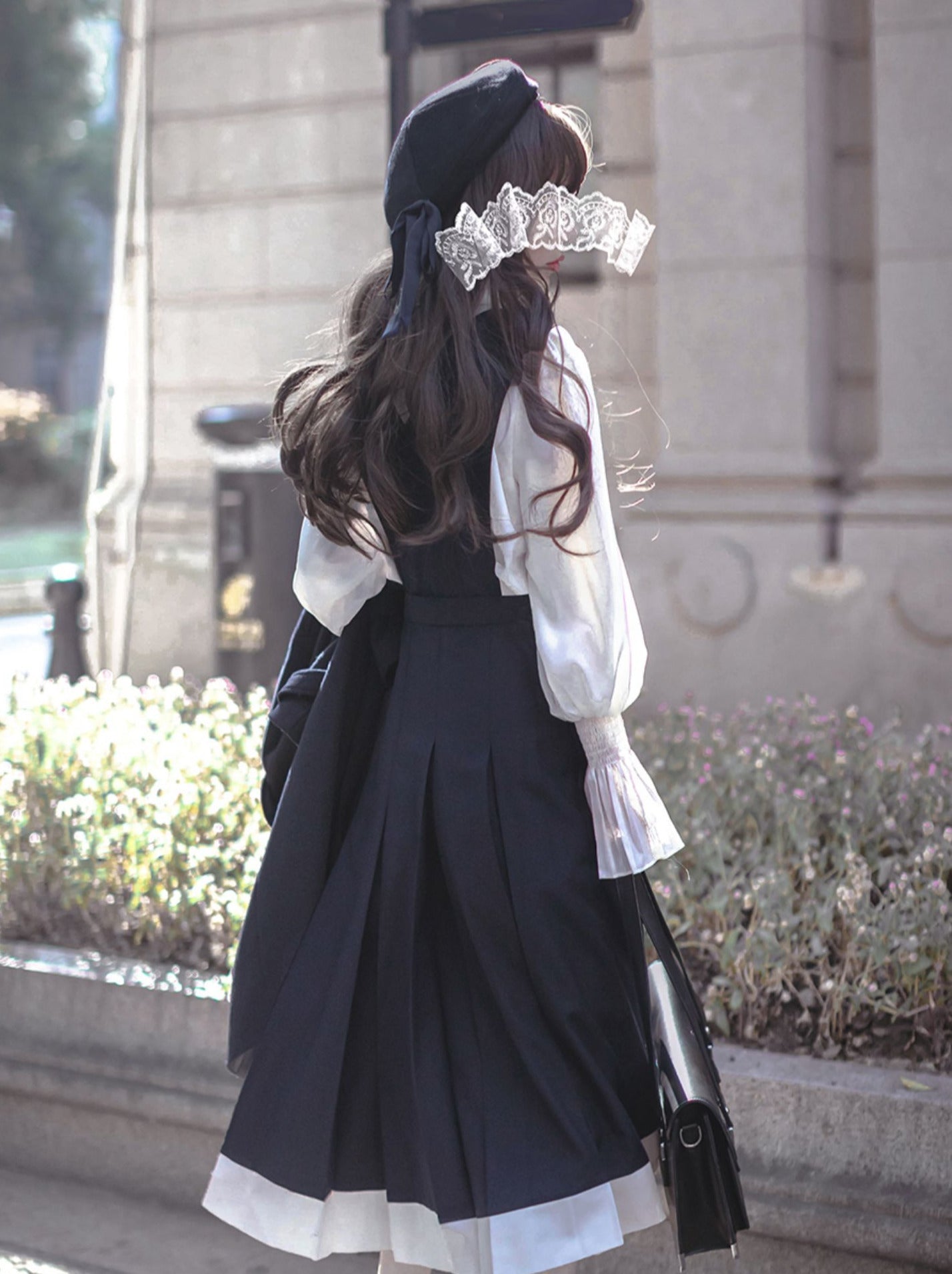 Dress Emblem + Tie + Blouse + Ruffle Retro College Beret Cyan Style Elegant Chiffon