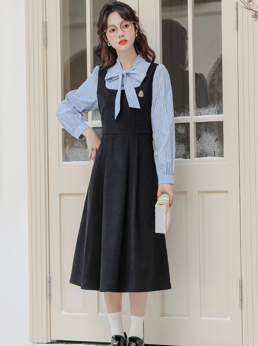 Striped Style Dress Splicing Faux College