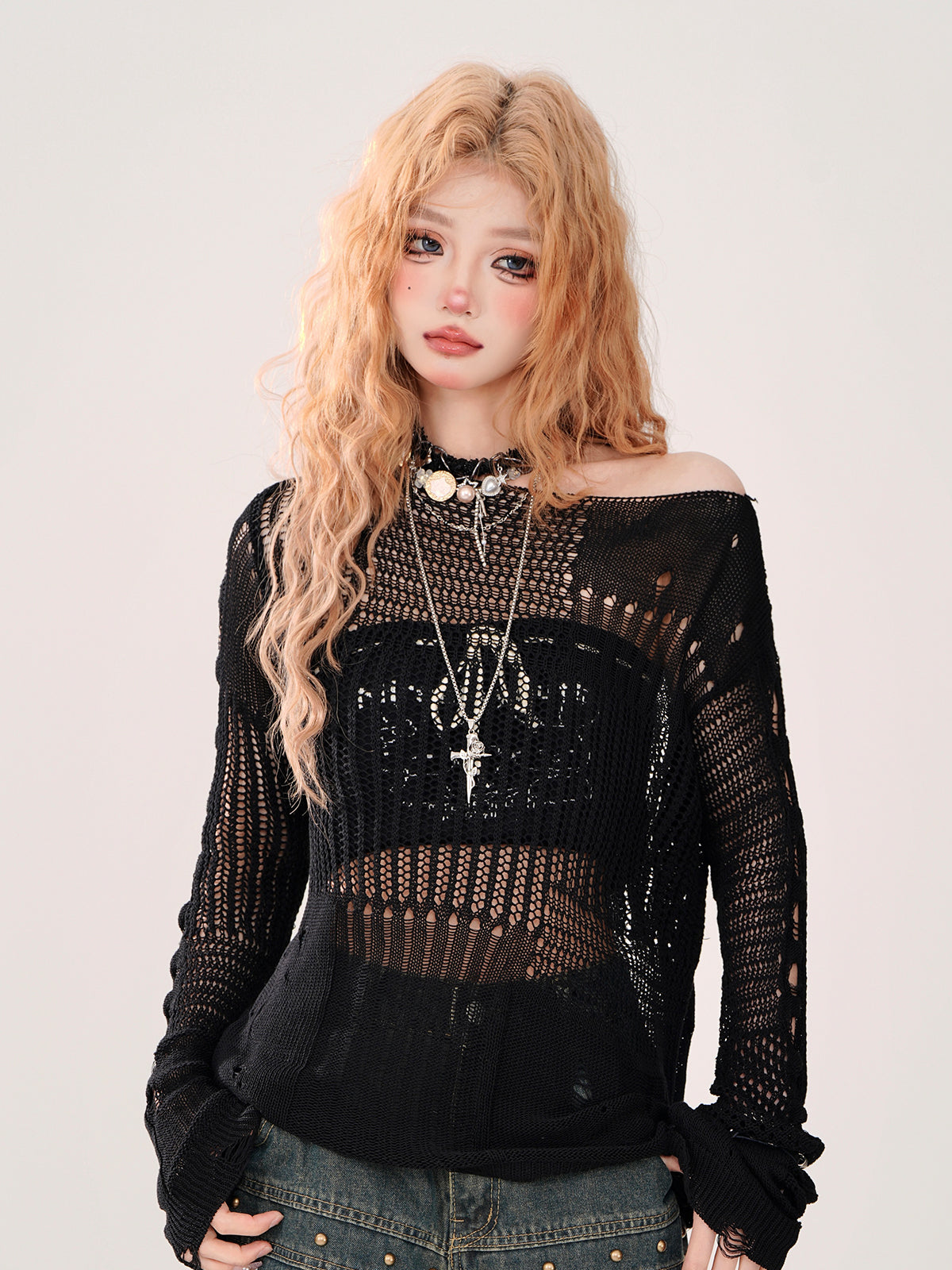 Summer Knit + Tube Top Openwork Sheer Ripped