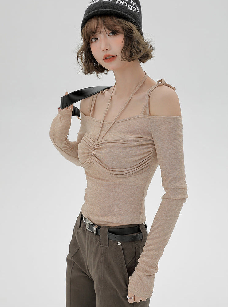 Shoulder Ribbon Halter Neck Top Off