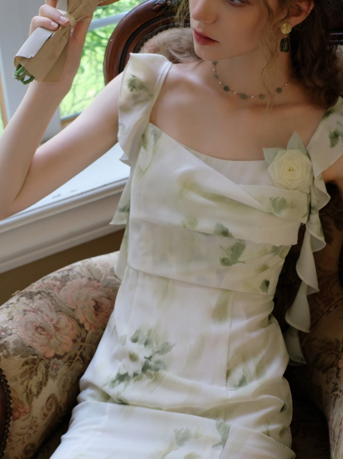 Skirt Top Green Camisole Flower Sheer + Chiffon